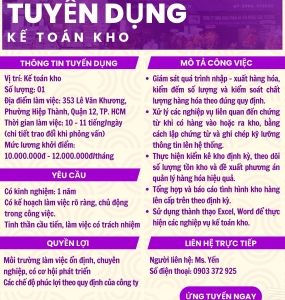 THÔNG BÁO TUYỂN DỤNG KẾ TOÁN KHO